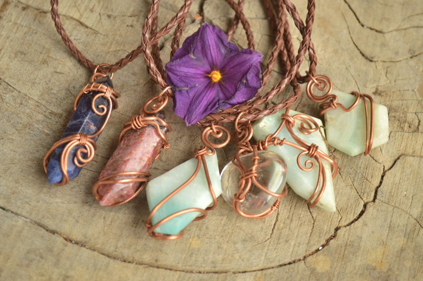 Polished Mixed Jewellery Free Forms With Copper Art Wire Pendants x 6 From Southern Africa - TopRock