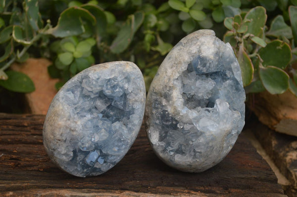 Polished Blue Celestite Crystal Eggs  x 2 From Sakoany, Madagascar - Toprock Gemstones and Minerals 