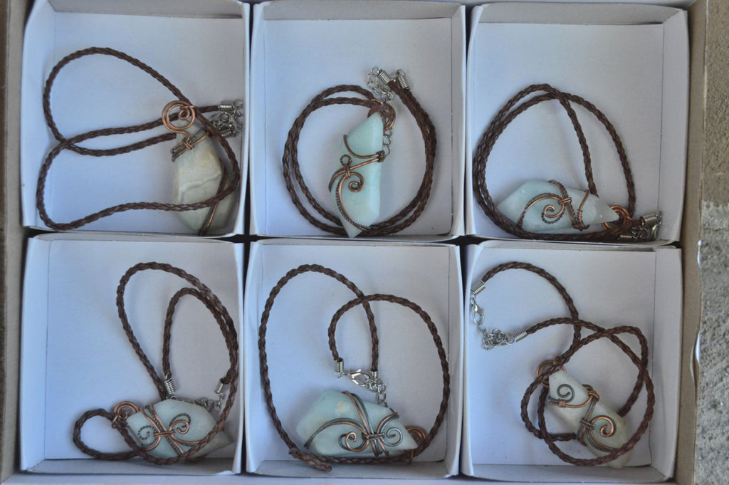 Polished Blue Smithsonite Aragonite Pendants Wrapped In Copper & Metal Wire x 6 From Congo - TopRock