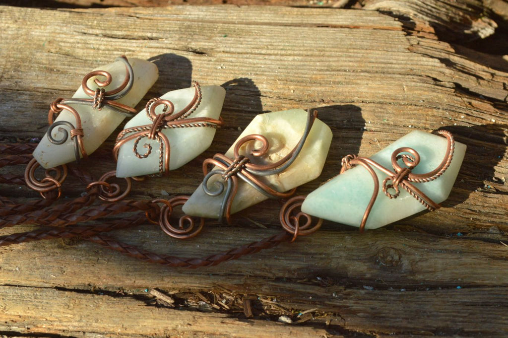 Polished Blue Smithsonite Aragonite Pendants Wrapped In Copper & Metal Wire x 6 From Congo - TopRock