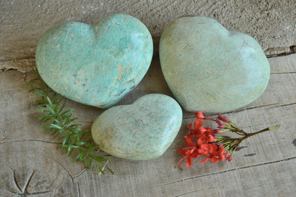 Polished Large Blue Amazonite Hearts x 3 From Ambositra, Madagascar - TopRock