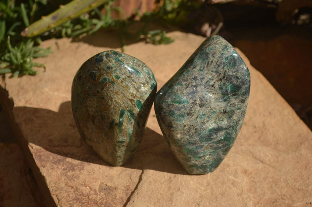Polished Emerald Mica In Matrix Standing Free Forms x 2 From Mutoko, Zimbabwe - Toprock Gemstones and Minerals 