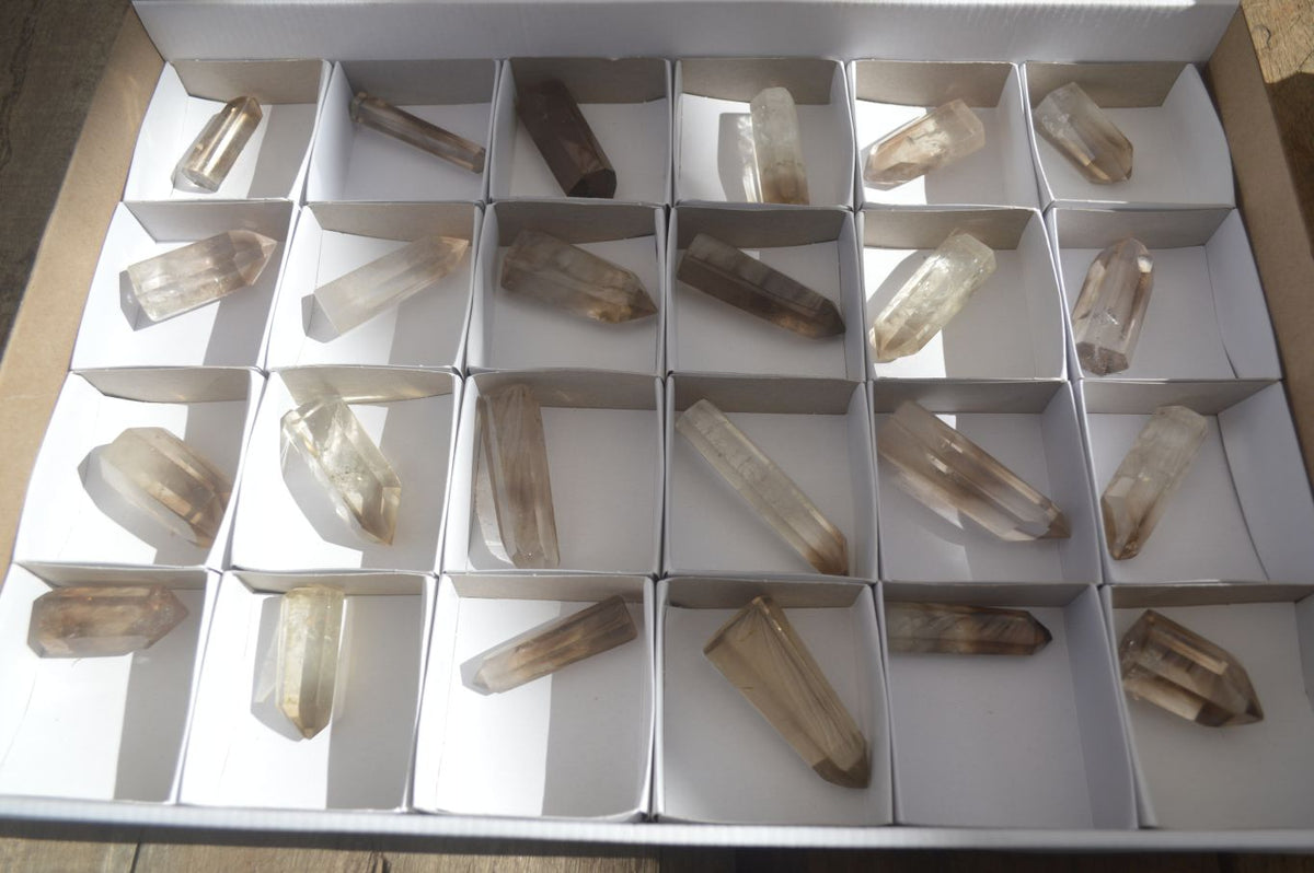 Polished Wispy Phantom Smokey Quartz Points x 24 From Madagascar - Toprock Gemstones and Minerals 