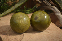 Polished Green Opal Spheres  x 2 From Antsirabe, Madagascar - Toprock Gemstones and Minerals 