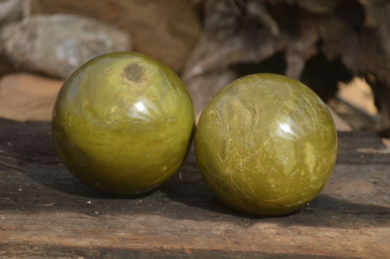 Polished Green Opal Spheres  x 2 From Antsirabe, Madagascar - Toprock Gemstones and Minerals 