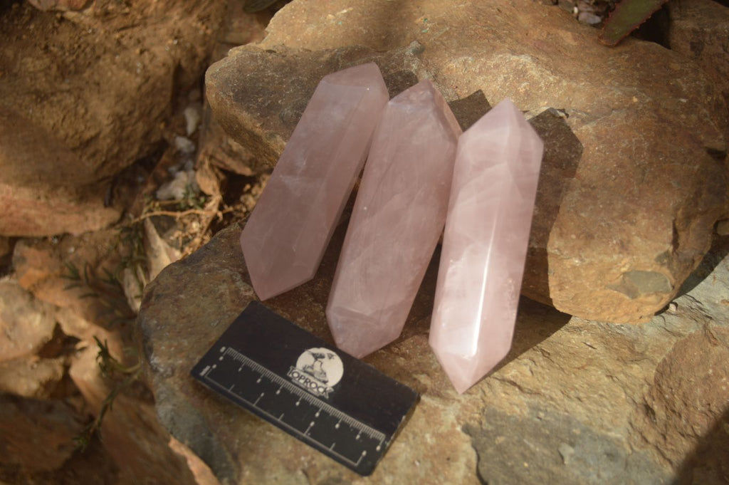 Polished Gemmy Double Terminated Rose Quartz Points x 3 From Antsirabe, Madagascar - Toprock Gemstones and Minerals 