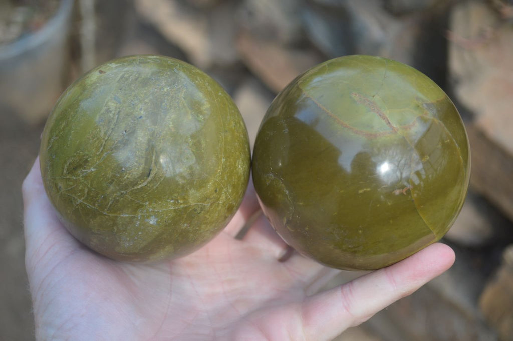 Polished Green Opal Spheres  x 2 From Antsirabe, Madagascar - Toprock Gemstones and Minerals 