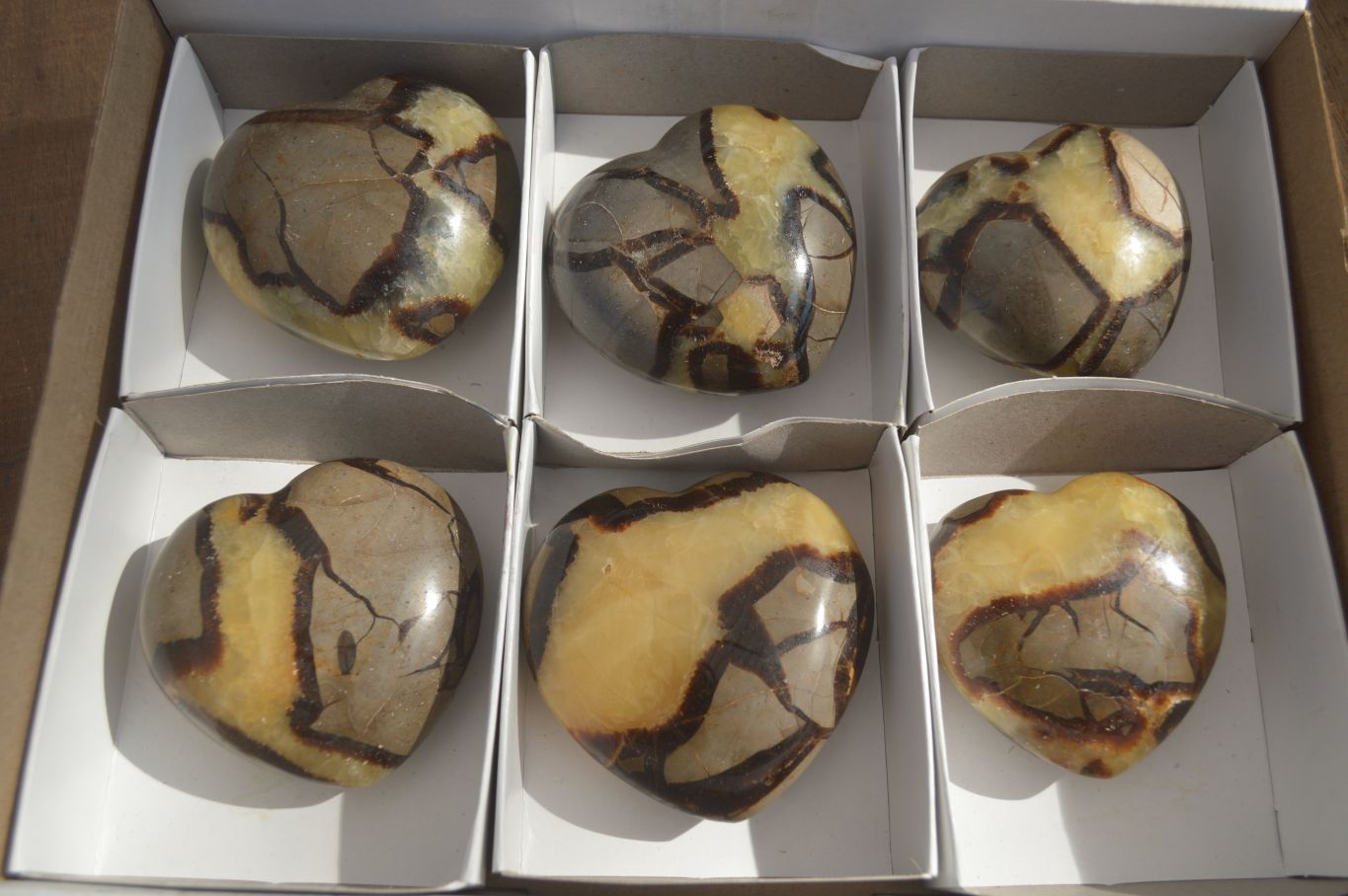 Polished Septerye (Calcite & Aragonite) Hearts x 6 From Mahajanga, Madagascar - Toprock Gemstones and Minerals 