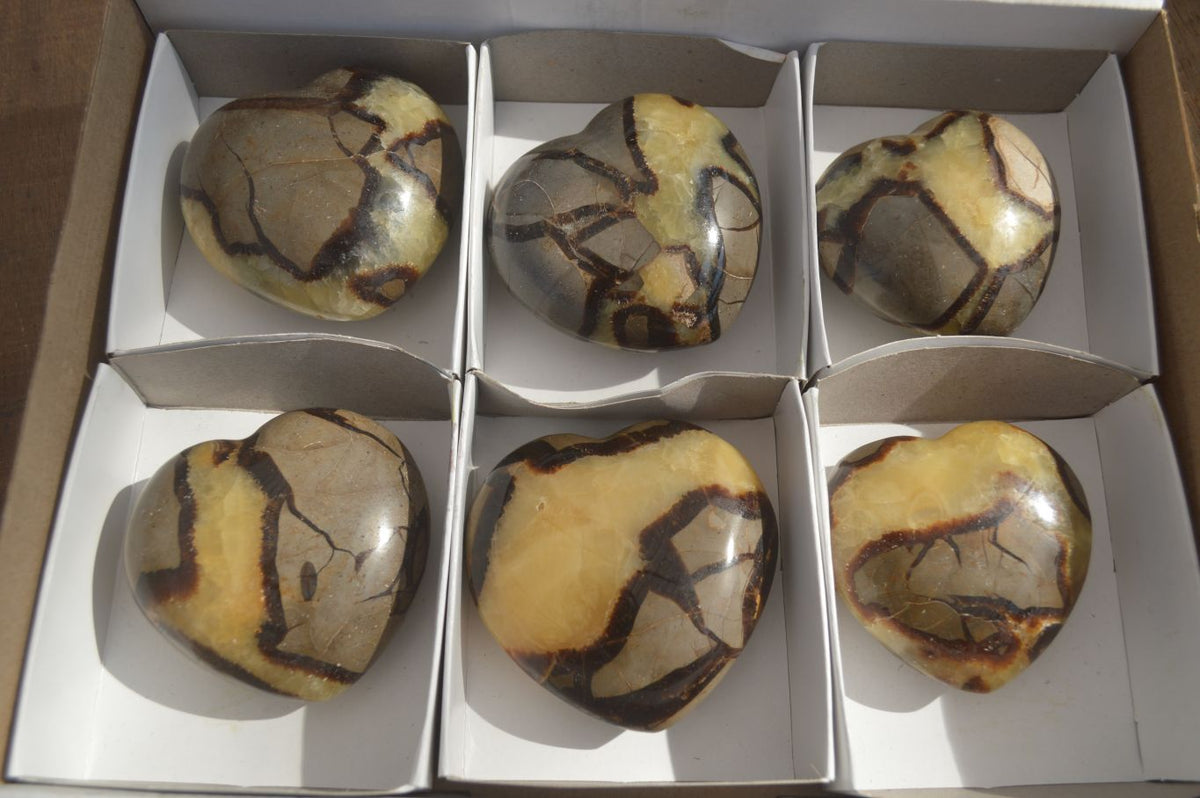 Polished Septerye (Calcite & Aragonite) Hearts x 6 From Mahajanga, Madagascar - Toprock Gemstones and Minerals 