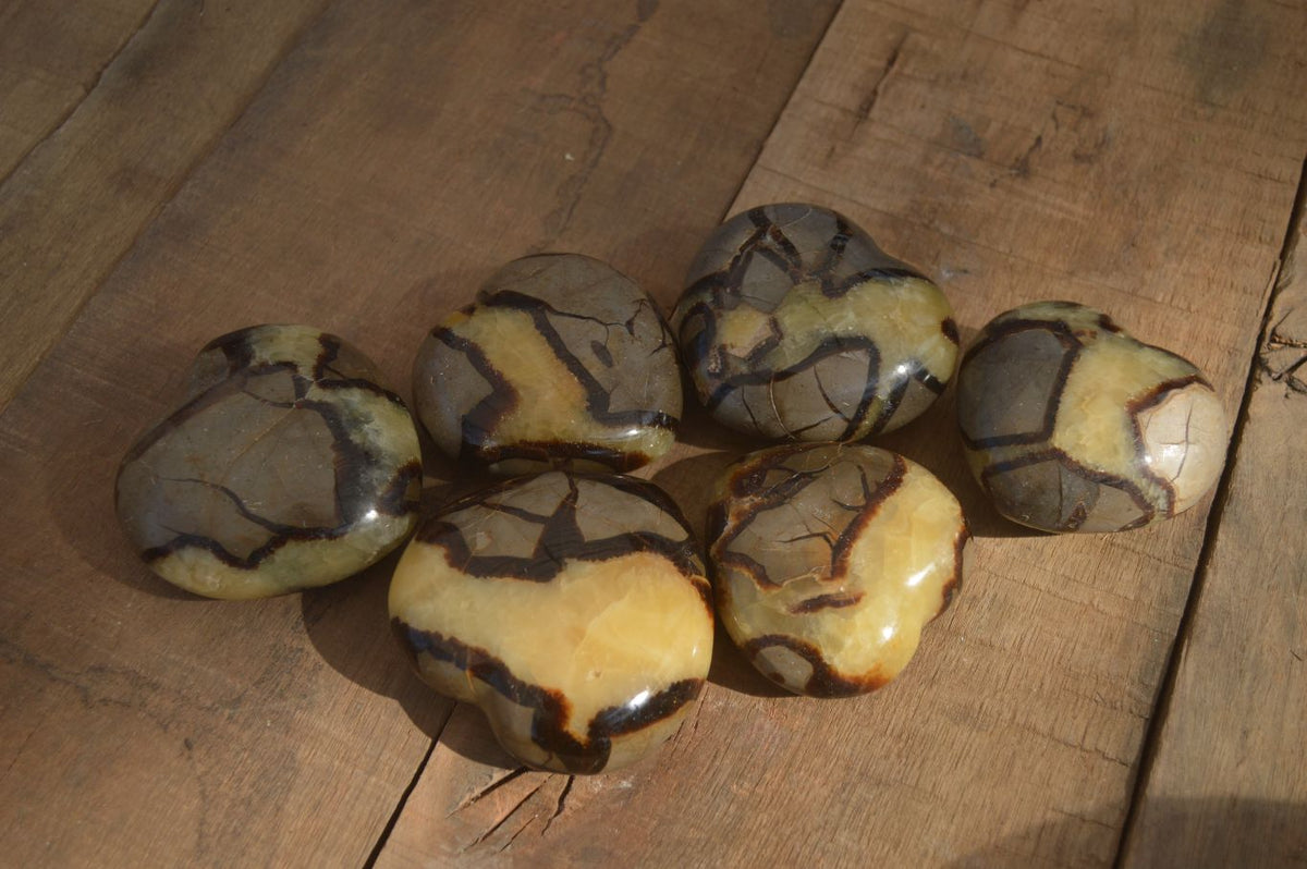 Polished Septerye (Calcite & Aragonite) Hearts x 6 From Mahajanga, Madagascar - Toprock Gemstones and Minerals 