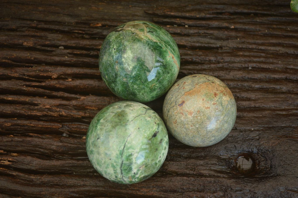 Polished  Green Chrysoprase Spheres  x 3 From Ambatondrazaka, Madagascar - Toprock Gemstones and Minerals 