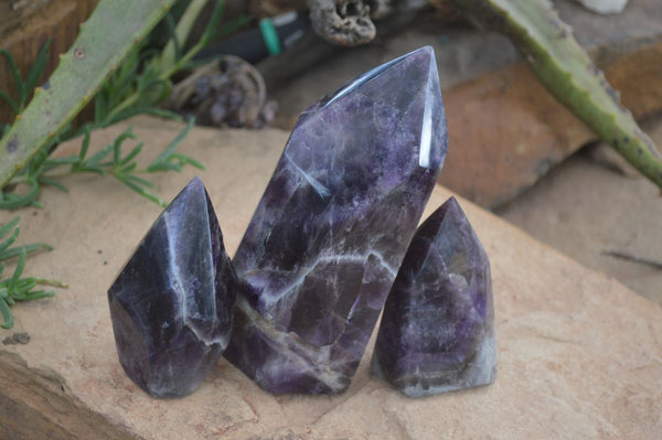 Polished Dark Chevron Amethyst Points x 3 From Zambia - Toprock Gemstones and Minerals 