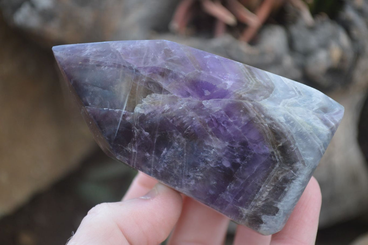 Polished Dark Chevron Amethyst Points x 3 From Zambia - Toprock Gemstones and Minerals 