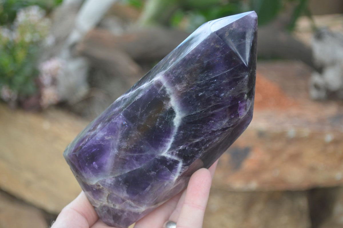 Polished Dark Chevron Amethyst Points x 3 From Zambia - Toprock Gemstones and Minerals 