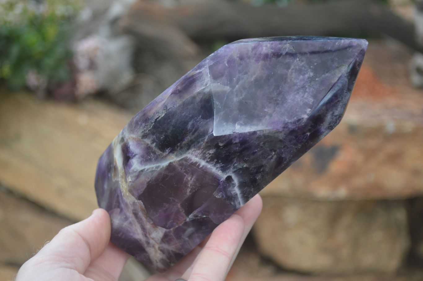 Polished Dark Chevron Amethyst Points x 3 From Zambia - Toprock Gemstones and Minerals 