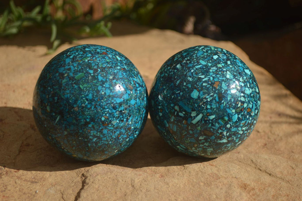 Polished Conglomerate Chrysocolla Spheres With Azurite & Malachite x 2 From Congo - Toprock Gemstones and Minerals 
