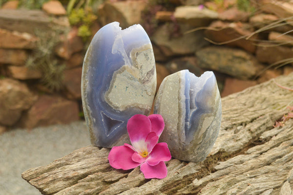 Polished Blue Lace Agate Standing Free Forms With Nice Crystalline Geode Vugs x 2 From Malawi - TopRock