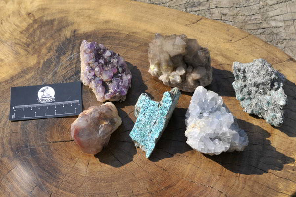 Natural Celestite, Amethyst, Emeralds In Matrix, Smokey Quartz, Drusy Chrysocolla & Hematoid Quartz Specimens x 6 From Southern Africa - TopRock