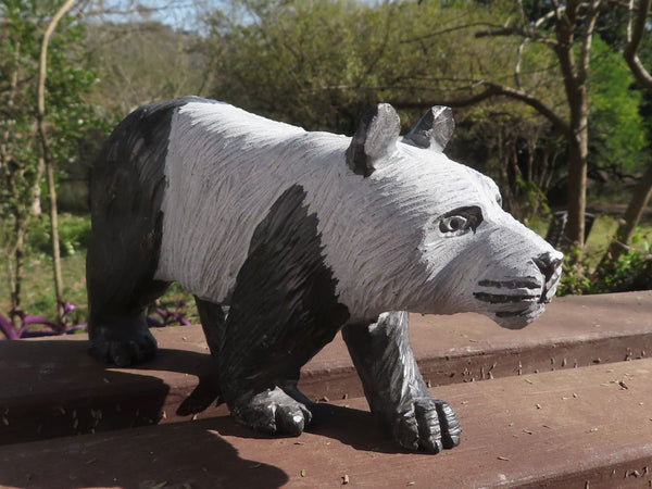 Polished Black & White Serpentine Panda Carving x 1 From Zimbabwe - TopRock