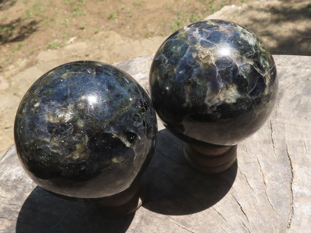 Polished Rare Iolite / Water Sapphire Spheres With Wooden Stands  x 4 From Madagascar - TopRock
