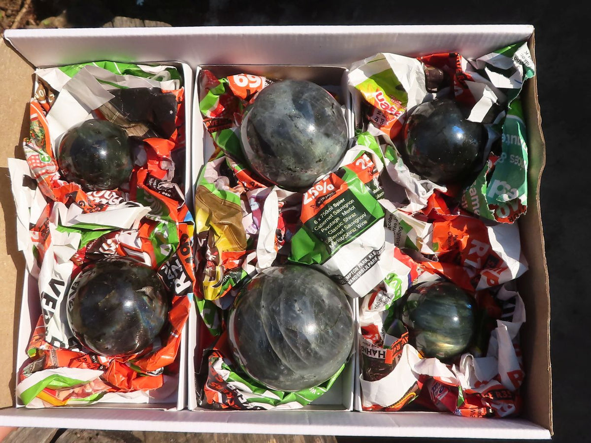 Polished Rare Flashy Labradorite Spheres x 6 From Tulear, Madagascar - Toprock Gemstones and Minerals 
