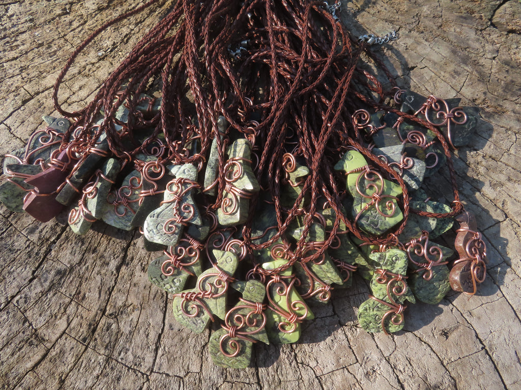 Polished Leopard stone "Great Zimbabwe Bird" Pendant with Copper Wire Wrap and Thong - sold per piece - From Zimbabwe - TopRock