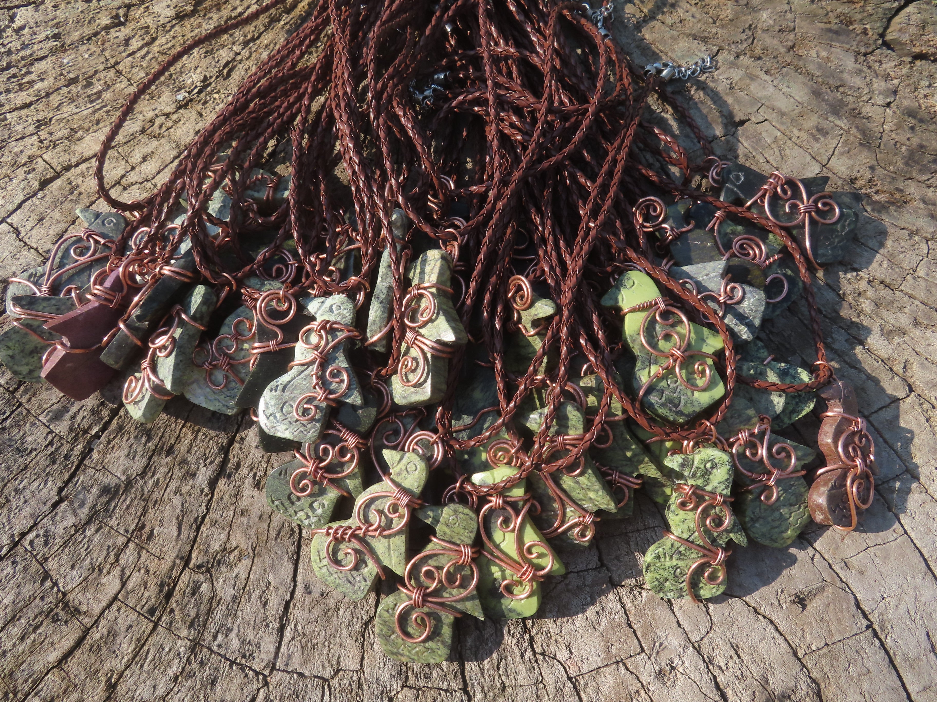 Polished Leopard stone "Great Zimbabwe Bird" Pendant with Copper Wire Wrap and Thong - sold per piece - From Zimbabwe - TopRock