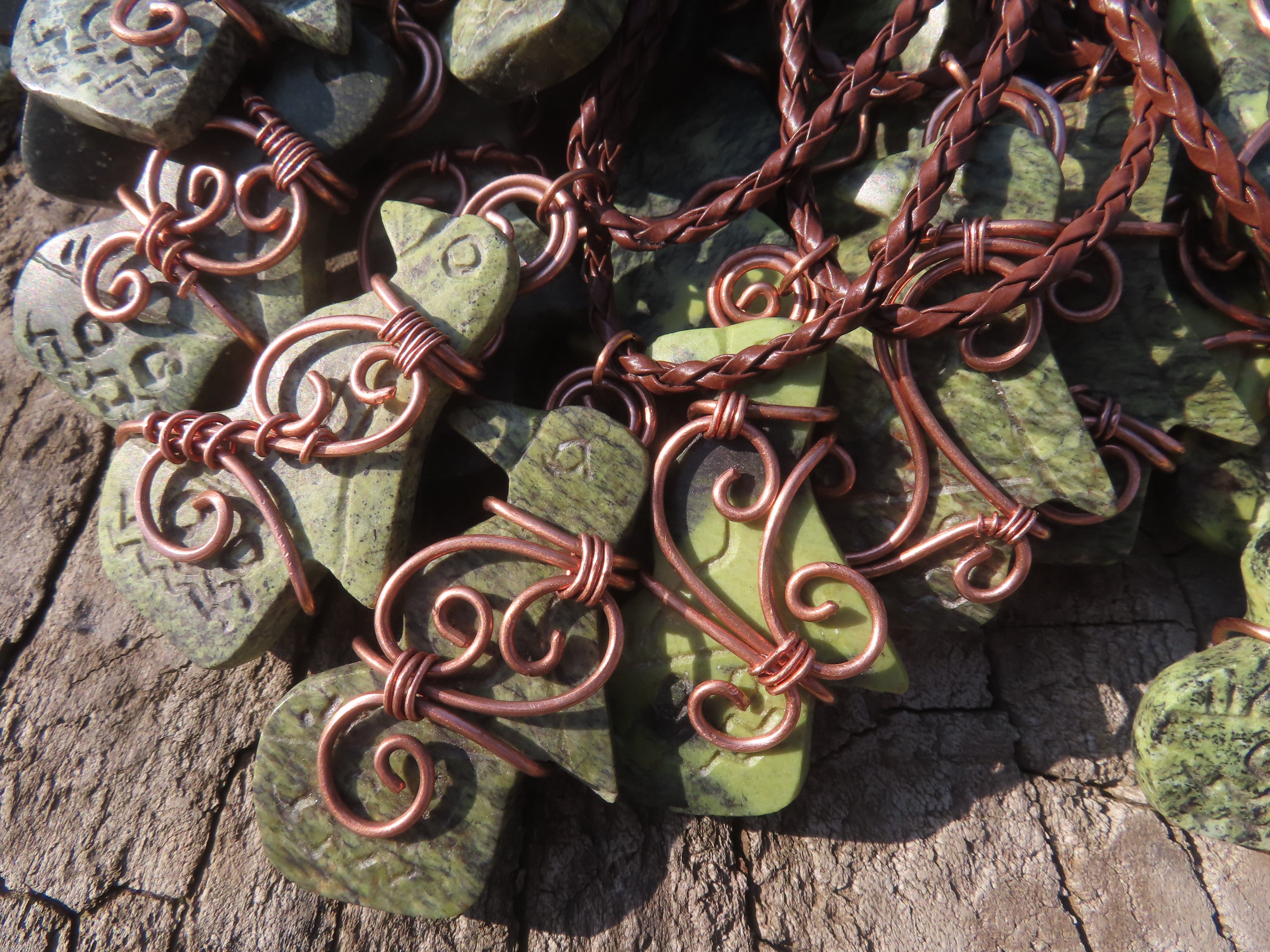 Polished Leopard stone "Great Zimbabwe Bird" Pendant with Copper Wire Wrap and Thong - sold per piece - From Zimbabwe - TopRock