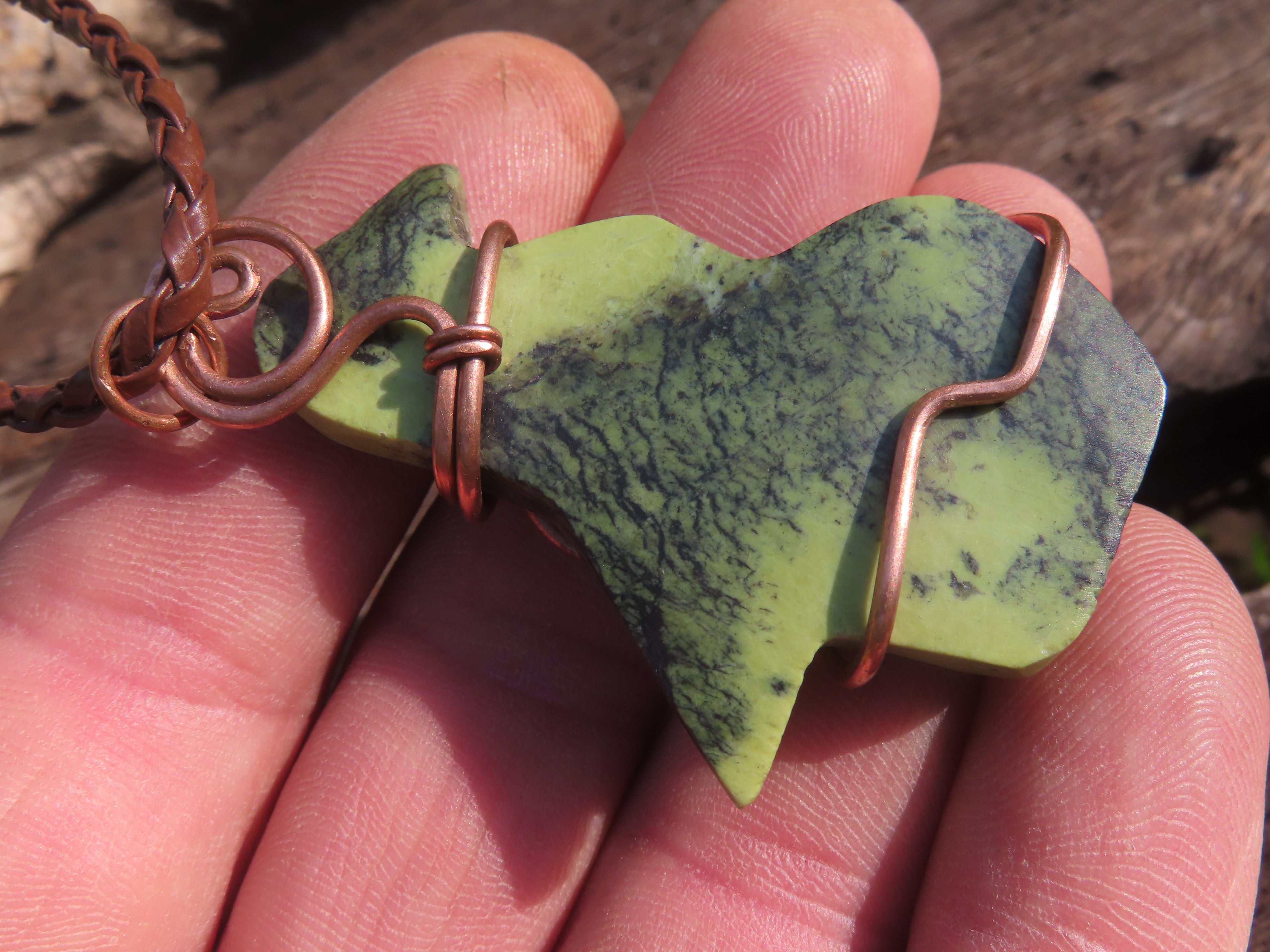 Polished Leopard stone "Great Zimbabwe Bird" Pendant with Copper Wire Wrap and Thong - sold per piece - From Zimbabwe - TopRock