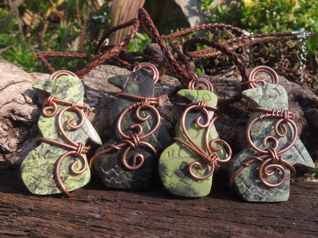 Polished Leopard stone "Great Zimbabwe Bird" Pendant with Copper Wire Wrap and Thong - sold per piece - From Zimbabwe - TopRock