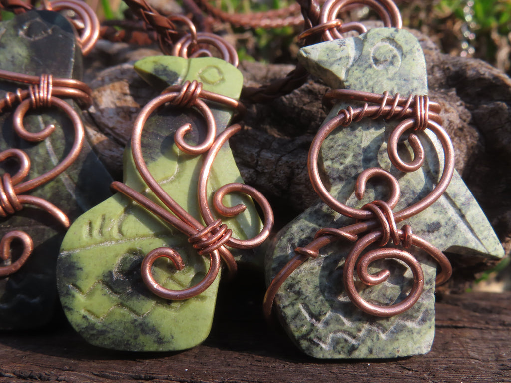 Polished Leopard stone "Great Zimbabwe Bird" Pendant with Copper Wire Wrap and Thong - sold per piece - From Zimbabwe - TopRock