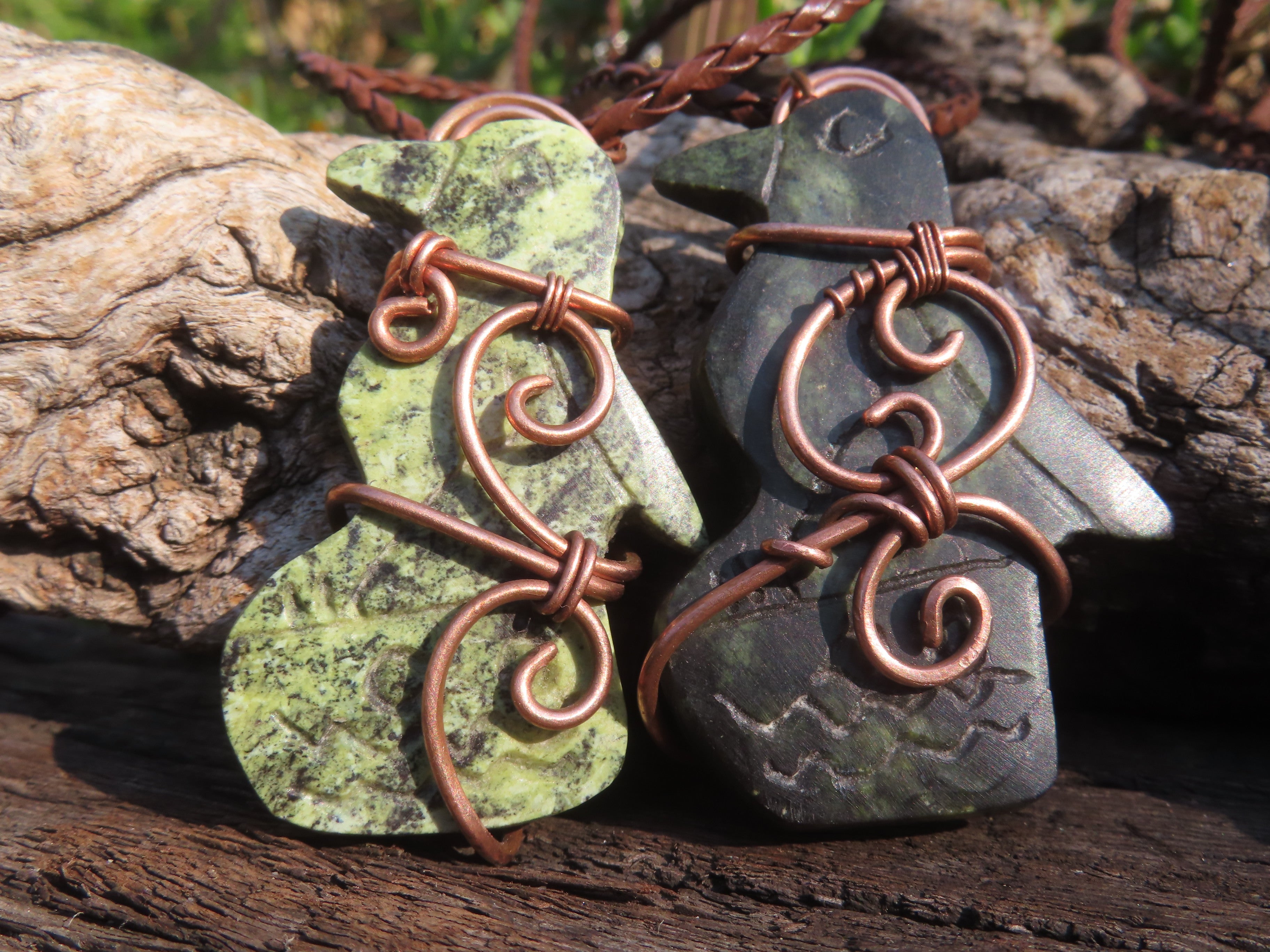 Polished Leopard stone "Great Zimbabwe Bird" Pendant with Copper Wire Wrap and Thong - sold per piece - From Zimbabwe - TopRock