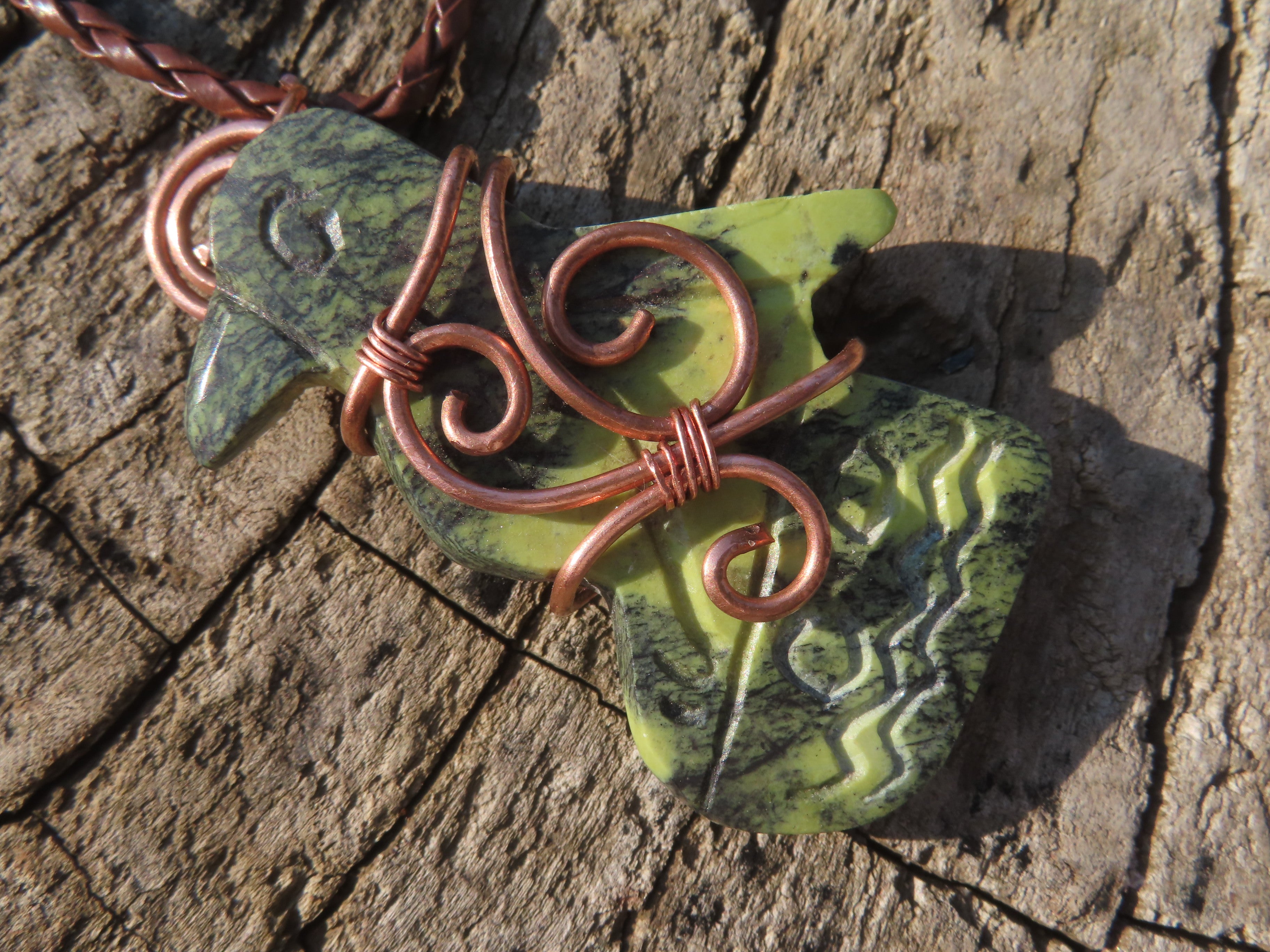 Polished Leopard stone "Great Zimbabwe Bird" Pendant with Copper Wire Wrap and Thong - sold per piece - From Zimbabwe - TopRock