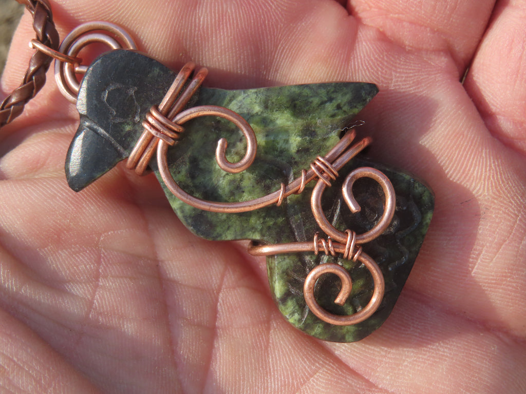 Polished Leopard stone "Great Zimbabwe Bird" Pendant with Copper Wire Wrap and Thong - sold per piece - From Zimbabwe - TopRock