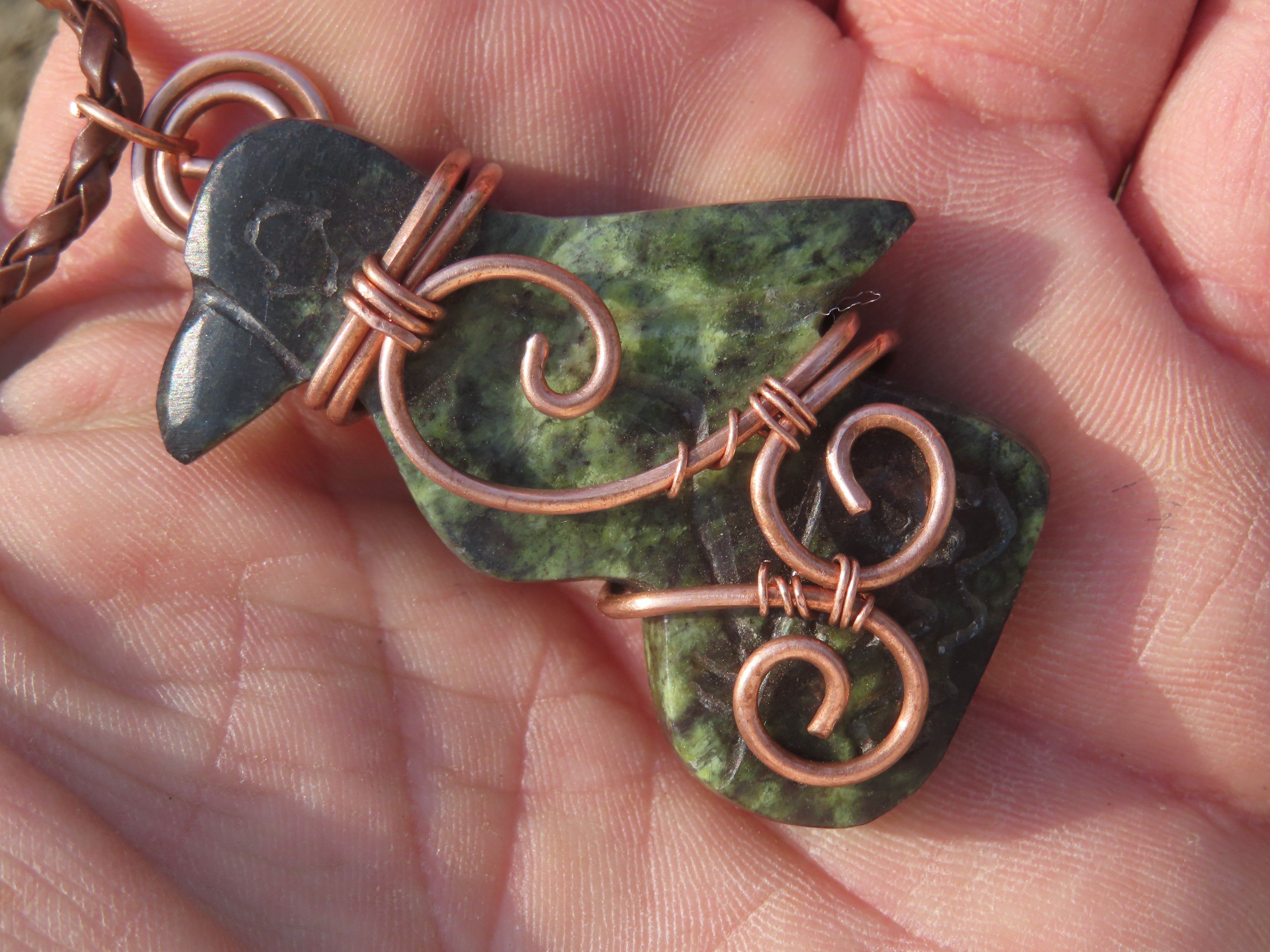 Polished Leopard stone "Great Zimbabwe Bird" Pendant with Copper Wire Wrap and Thong - sold per piece - From Zimbabwe - TopRock
