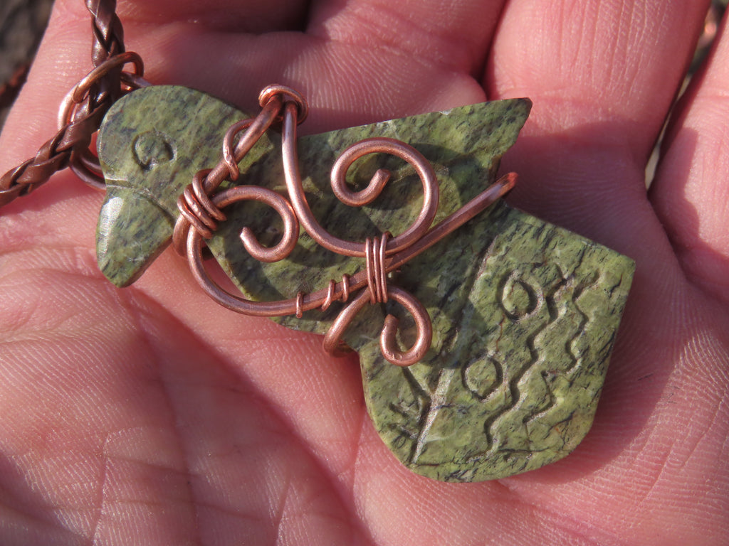 Polished Leopard stone "Great Zimbabwe Bird" Pendant with Copper Wire Wrap and Thong - sold per piece - From Zimbabwe - TopRock