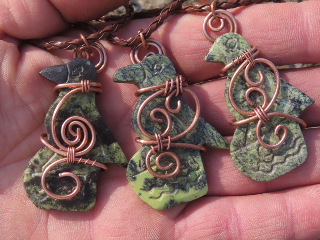 Polished Leopard stone "Great Zimbabwe Bird" Pendant with Copper Wire Wrap and Thong - sold per piece - From Zimbabwe - TopRock