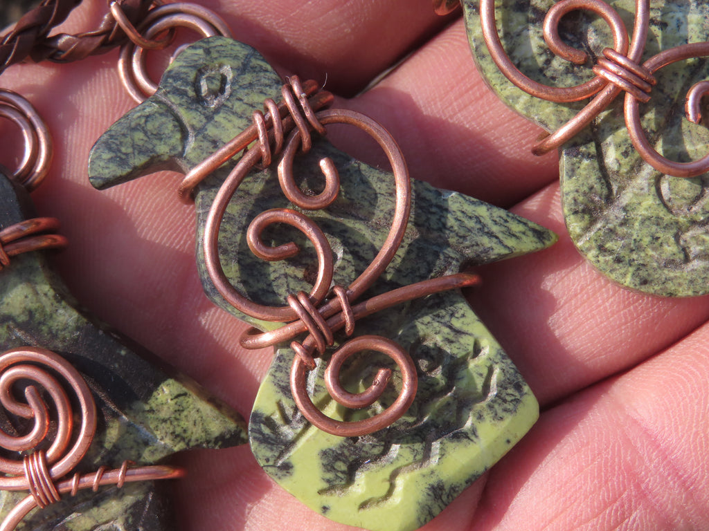 Polished Leopard stone "Great Zimbabwe Bird" Pendant with Copper Wire Wrap and Thong - sold per piece - From Zimbabwe - TopRock