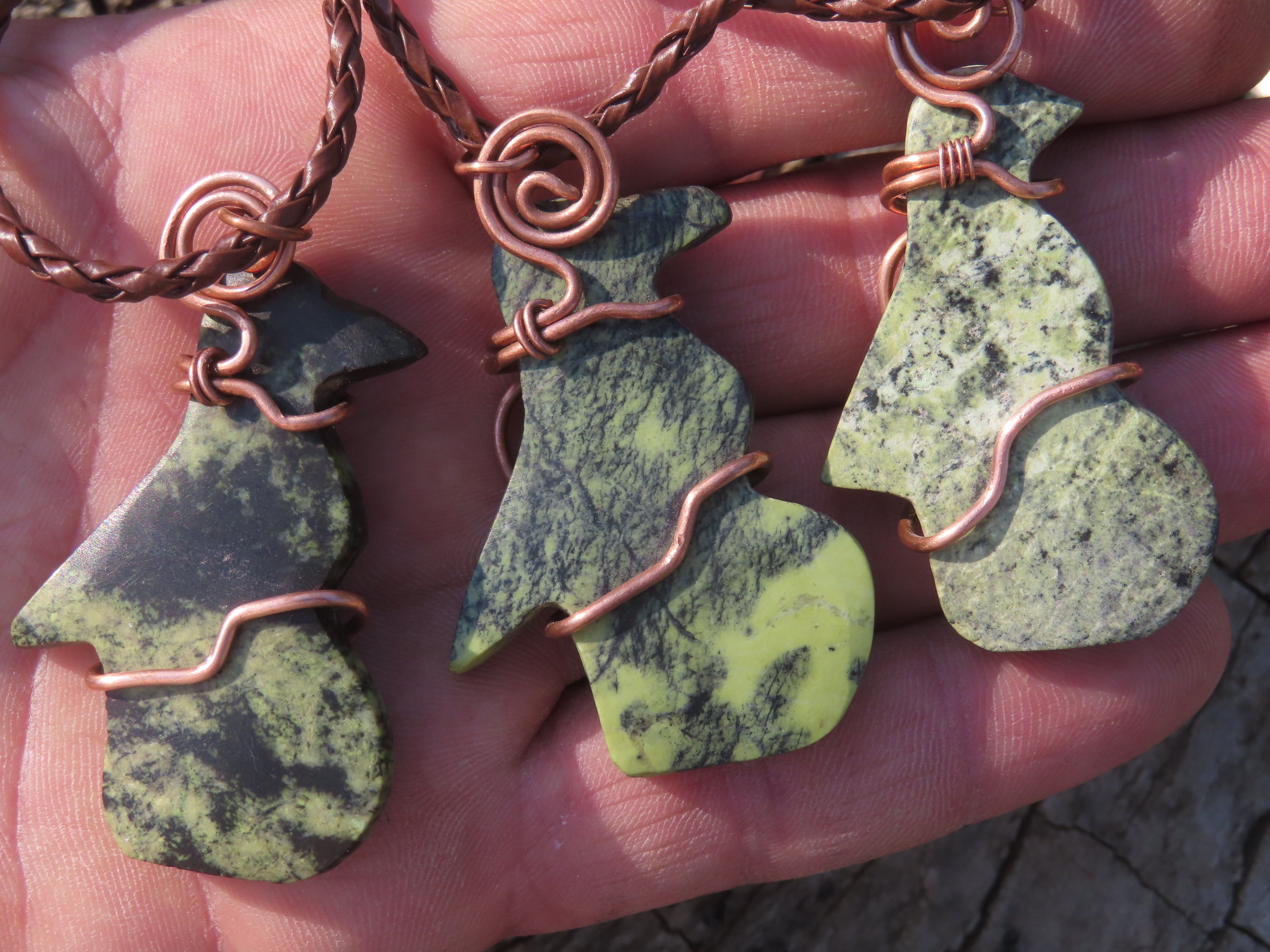 Polished Leopard stone "Great Zimbabwe Bird" Pendant with Copper Wire Wrap and Thong - sold per piece - From Zimbabwe - TopRock