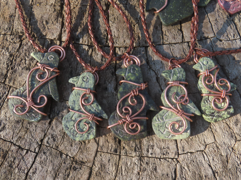 Polished Leopard stone "Great Zimbabwe Bird" Pendant with Copper Wire Wrap and Thong - sold per piece - From Zimbabwe - TopRock