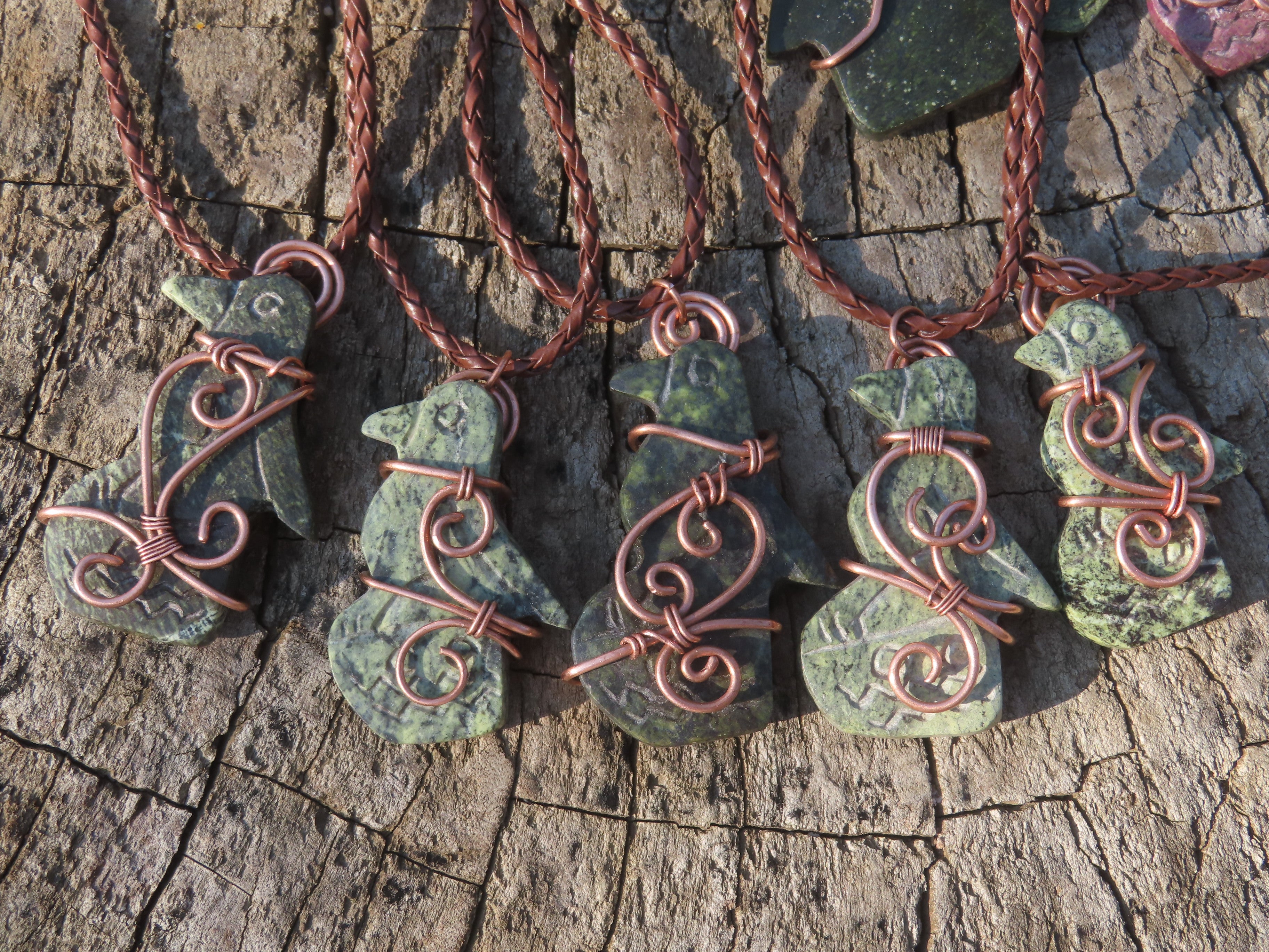 Polished Leopard stone "Great Zimbabwe Bird" Pendant with Copper Wire Wrap and Thong - sold per piece - From Zimbabwe - TopRock