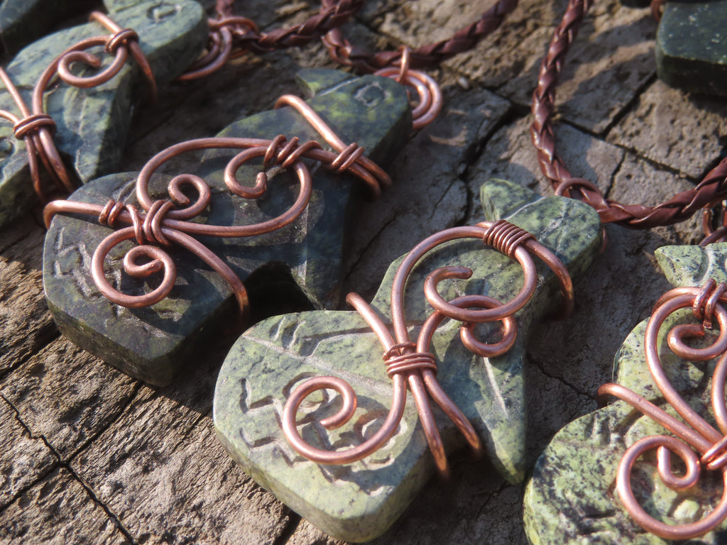 Polished Leopard stone "Great Zimbabwe Bird" Pendant with Copper Wire Wrap and Thong - sold per piece - From Zimbabwe - TopRock