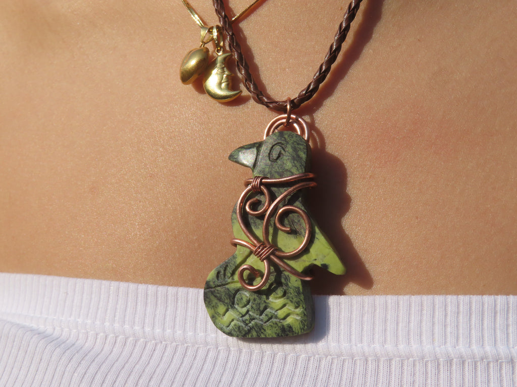 Polished Leopard stone "Great Zimbabwe Bird" Pendant with Copper Wire Wrap and Thong - sold per piece - From Zimbabwe - TopRock