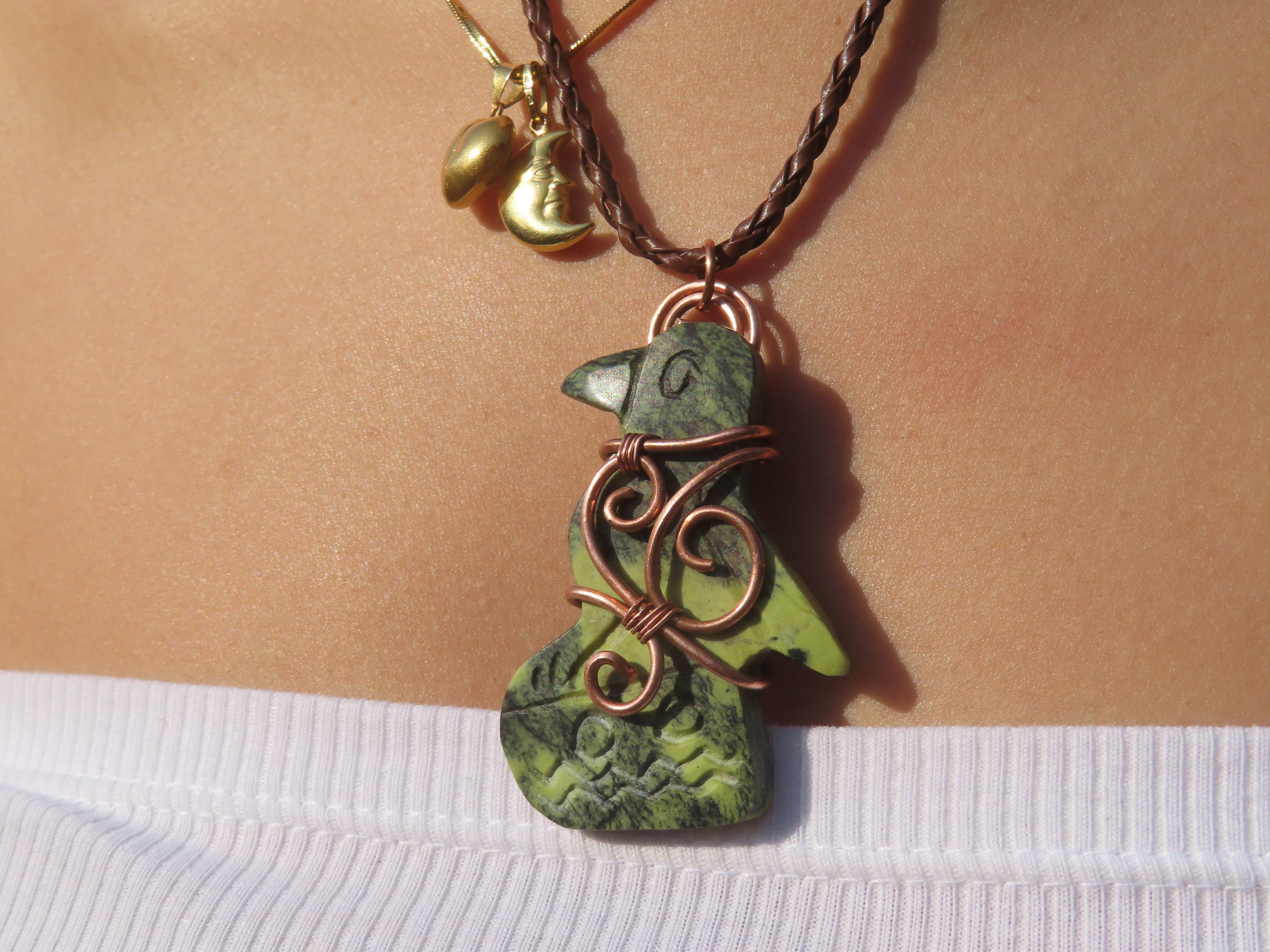 Polished Leopard stone "Great Zimbabwe Bird" Pendant with Copper Wire Wrap and Thong - sold per piece - From Zimbabwe - TopRock