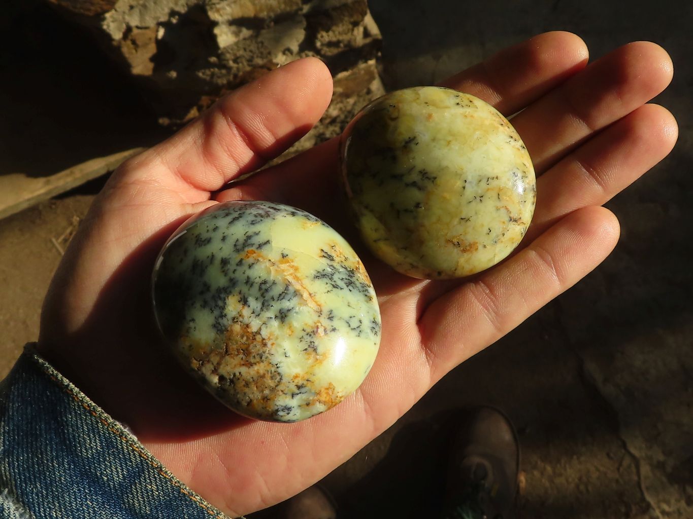 Polished Dendritic Yellow & Purple Opal Palm Stones  x 12 From Madagascar - Toprock Gemstones and Minerals 