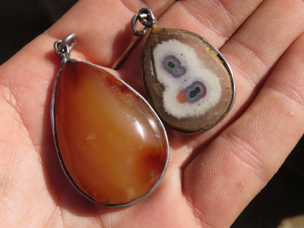 Polished Mixed Stone Pendants Set In Steel  x 12 From Southern Africa - Toprock Gemstones and Minerals 