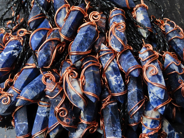 Polished Sodalite Double Terminated Jewellery Crystal Set In Copper Art Wire Wrap With Thong x 1 From Namibia - TopRock