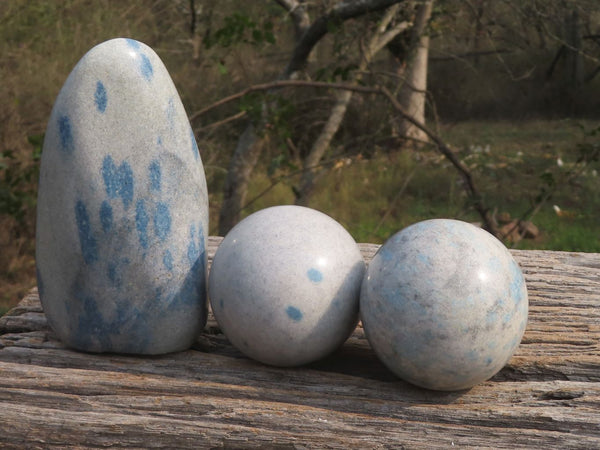 Polished Blue Spotted Spinel Quartz Spheres & Standing Free Form x 3 From Madagascar - TopRock