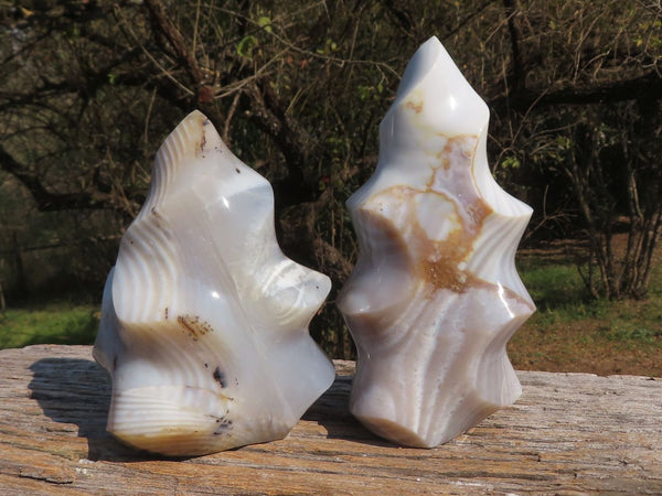 Polished Stunning Banded Agate Flame Sculptures x 2 From Mandrosonoro, Madagascar - TopRock