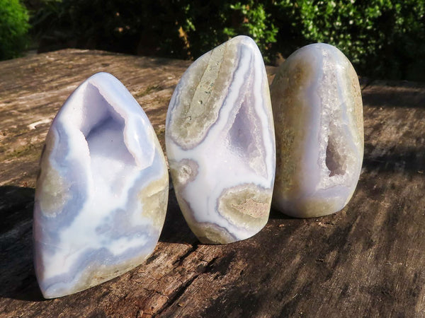 Polished Blue Lace Agate Standing Free Forms With Nice Crystalline Geode Vugs x 6 From Malawi - TopRock